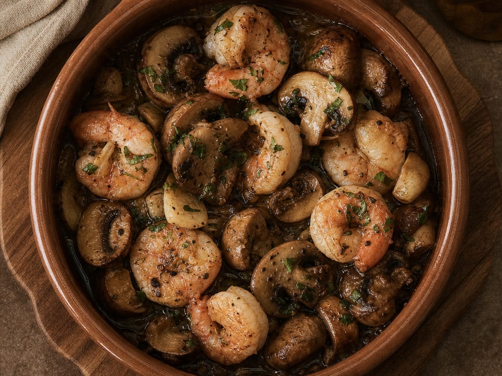 Setas y champiñones con gambas