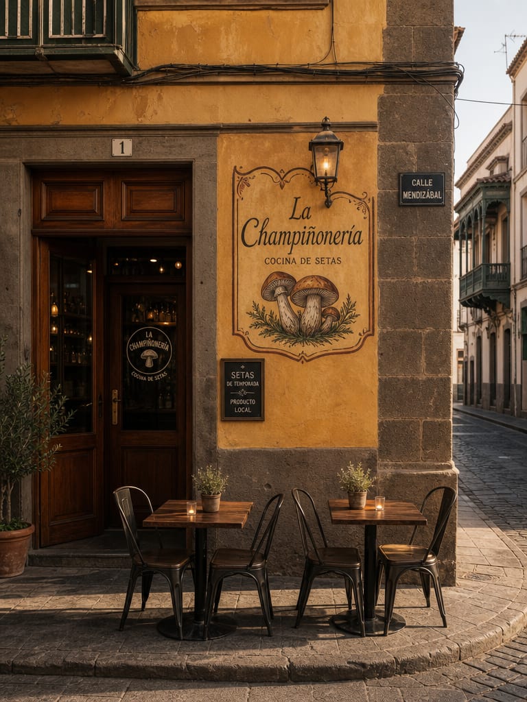 Fachada de La Champiñonería en la esquina de C. Mendizábal, Vegueta, con mesas en la acera
