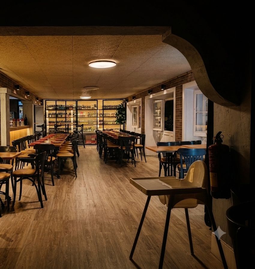Comedor de La Champiñonería: mesas de madera y luz cálida (imagen provisional)