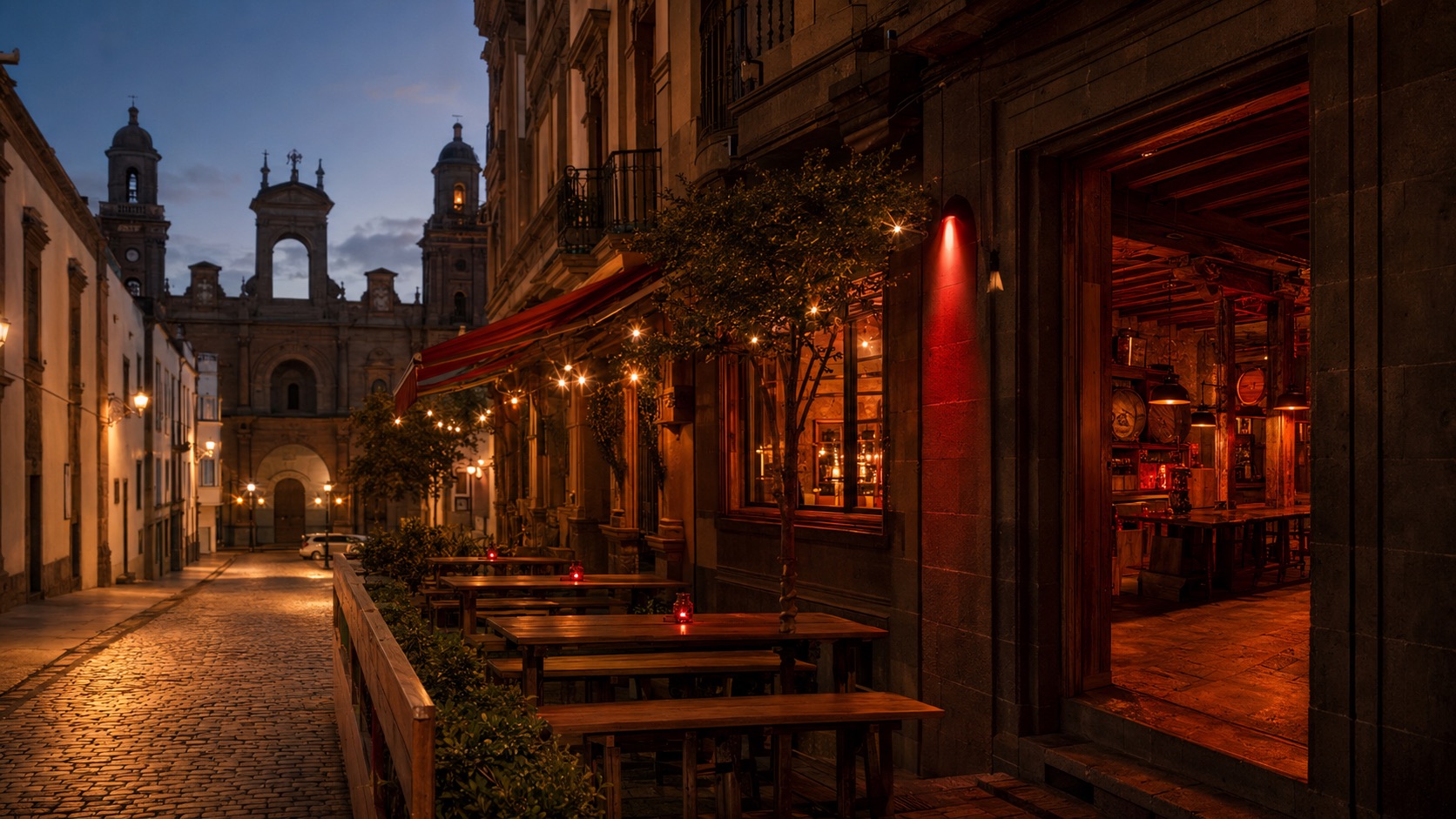 Terraza de La Champiñonería al anochecer en Vegueta, junto a la Catedral de Santa Ana (imagen provisional)